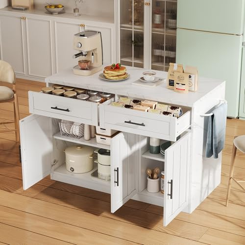 Oxtao kücheninsel freistehend mit Steckdosen, USB-Anschlüsse, Metallgriffe, Handtuchhalter, küchenschrank mit verstellbare Einlegeböden und 2 Schubladen, geeignet für Küchen (Weiß, 120x60x91CM)