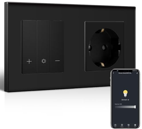 BSEEDLIFE Smart WIFI Dimmschalter mit Schuko Steckdose, Normale Steckdose+Smart Dimmer Schalter Kompatibel mit Alexa/Google Home, Unterputz Dimmschalter, Schwarz(Neutralleiter Erforderlich)