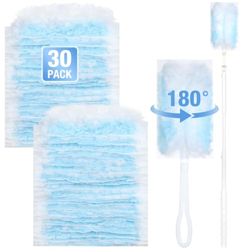 Flintronic 30 PCS Fluffy Duster Refills, 180° Disposable Dust Refill with Long Handle Short Handle for Efficient Cleaning, Office, Desk, Car, Blinds, Keyboard