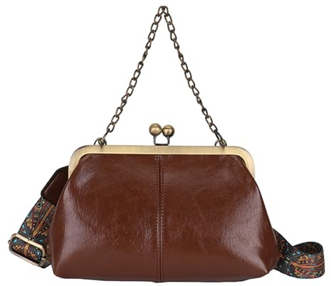 Pufei Damen Retro Umhängetasche Kiss Lock Handtasche Schultertasche Abend Clutch (Braun)