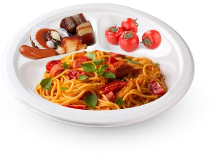 Générique 500 Assiettes Rondes en Fibre de Canne (Bagasse) Vaisselle Jetable Écologique, Biodégradable et Compostable - Résistant et Micro-ondable (26 cm 3 compartiments)