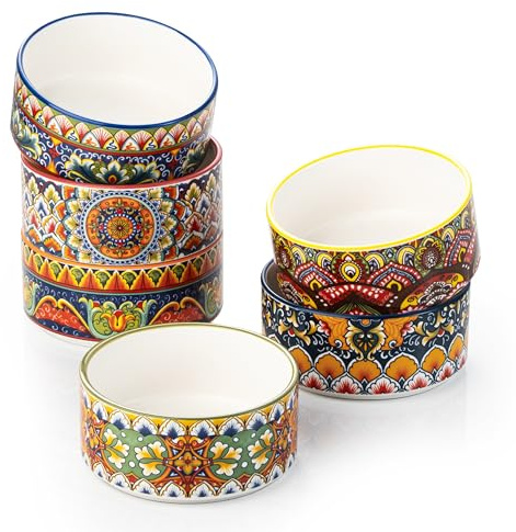 Creme Brulee Ramekins Set 4 oz x 6, Porcelain Souffle Moulds/Ramekins for Lava Cake, Pudding, Pot Cake, Vibrant Bohemian Mini Casserole Dish