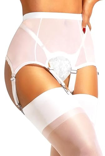 sofsy Strumpfhalter Damen mit 6 Riegeln | Ultraweiche Weißer Strumpfbänder für Strümpfe | Weißer Netzstrumpfgürtel - Medium
