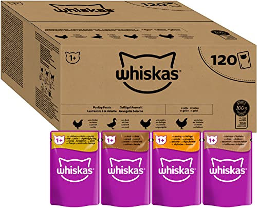 Whiskas Adult 1+ Katzennassfutter Geflügel Auswahl in Gelee, 120 Portionsbeutel, 120x85g (1 Großpackung) – Hochwertiges Katzenfutter nass, für ausgewachsene Katzen