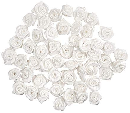 Ideen mit Herz Satinrosen | 50 Stück | 1,5cm | Deko-Rosen, Mini-Stoffrosen, kleine Rosenköpfe zum Basteln, Aufnähen, Dekorieren | Blumen-Applikationen, Tischdeko, Streudeko, Hochzeit (weiß)