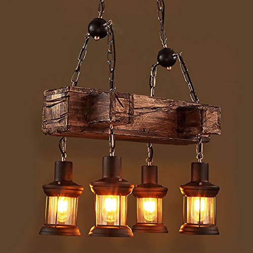 OUKANING Retro Pendelleuchte Industrielle Loft Bar 4 Lichter Industrial Hängelampe Holz und Metall Pendellampe Höhenverstellbar E27 Schlafzimmer Wohnzimmer Flur Esstisch Deckenbeleuchtung