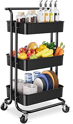 GCX Bequemlichkeit Storage Trolley-3-Layer Rolling Mehrzweckorganisator, Mehrzweckorganisator, Turm-Service-Rack, in Badezimmer und Küche verwendet Raum (Color : Black)
