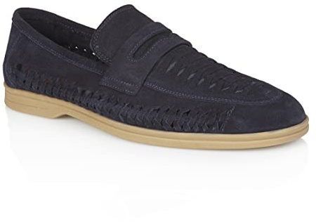 Silver Street London Mens Perth Navy Blue Suede Leather Step-in Loafer with Woven Panels-10