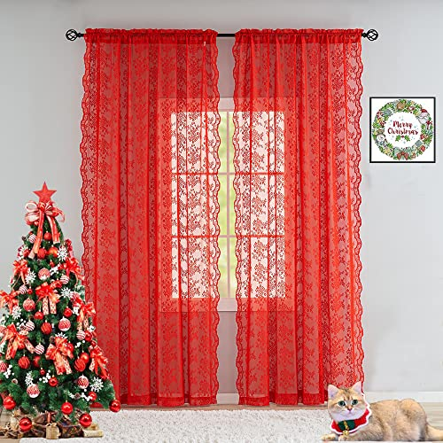 YJ YANJUN Rote transparente Vorhänge, 244 cm lang, für Wohnzimmer, 2 Paneele, schöne Blume, Weihnachtsdekoration, Fenster, 132 x 243 cm, Rot