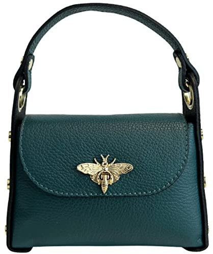 Modarno Mini-Tasche aus echtem Leder Dollar mit Karabinerverschluss in Bienenform, seitliche Nieten, abnehmbare Metallkette, Ledergriff, Verde Petrolio