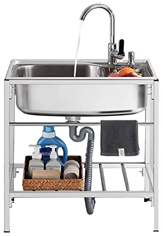 Universal-Waschbecken aus Edelstahl für gewerbliche Gastronomie, 1 Fach, freistehendes Waschbecken-Set mit Wasserhahn für Waschküche im Freien, Bar, Restaurant