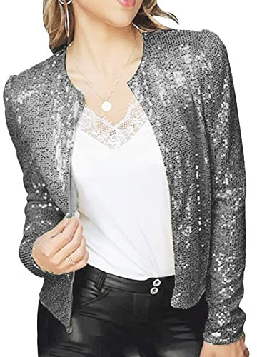 Acrawnni Damen Glitzer Jacken Langarm Open Front Pailletten Blazer Cardigan Mantel Glitzer Disco Bomber Jacke, A-Silber, 42