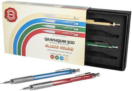 Pentel GraphGear 500 Druckbleistift, limitierte Auflage, klassische Farben, Box-Set, 0,3, 0,5, 0,7, 0,9 mm Spitzengrößen enthalten, Box mit 4 Bleistiften (PG520RBXSET)