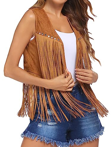 Edhomenn Women's Tassel Vest 70s Hippie Faux Suede Fringe Jacket Cardigan Solid Color Open Front Sleeveless Y2k Jacket (01 Khaki, M)