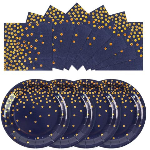 EVYIENEN 50 piatti e tovaglioli di carta blu e oro, 25 x 17,8 cm, piatti da dessert 25 x 16,5 cm, set di tovaglioli usa e getta, piatti di carta per compleanni, feste, per picnic
