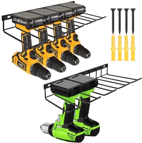 AKOLAFE 2 Pack Drill Holder Wall Mount Power Tool Organiser Storage Rack 4 Drills Garage Tool Organiser Wall Mounted Garage Wall Racks for Workshop and Garage