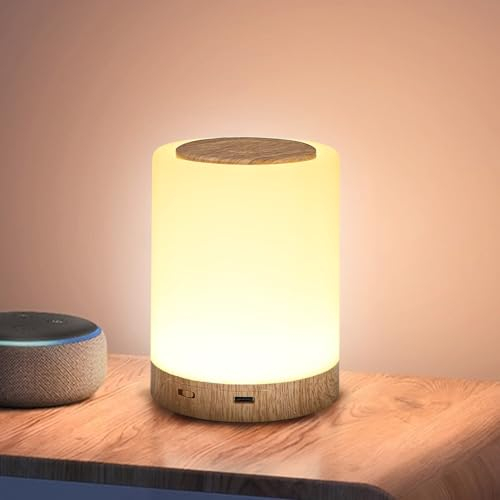 Lámpara de Mesita de Noche Táctil, 7 Colores RGB y 4 Brillos, Lampara Recargable por USB con Gancho Incorporado en la Parte Inferior, Lamparas sin Cables Adecuada para Guardería, Dormitorio, Salón