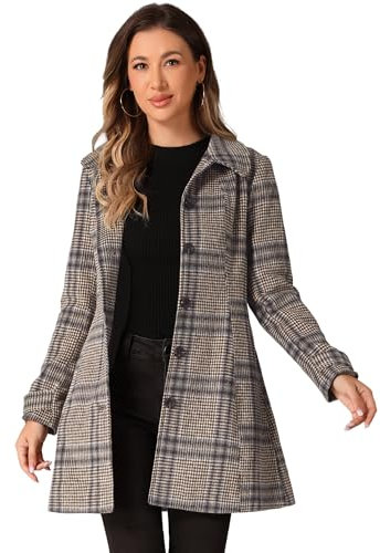 Allegra K Damenmantel mit Peter-Pan-Kragen, einreihige Taschen, langer Wintermantel, Kaki kariert, S