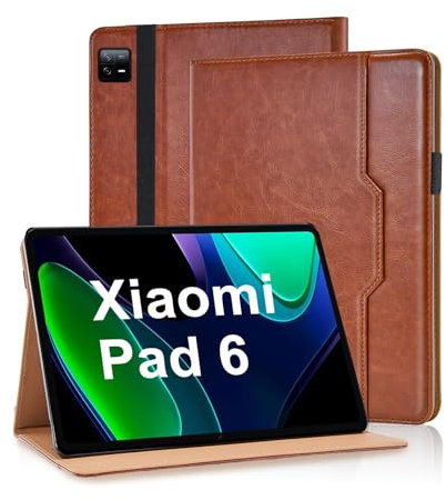 Vkooer Case for Xiaomi Pad 6/ Xiaomi Mi Pad 6 Pro 11 Inch 2023, PU Leather Business Folio Flip Cover Multi-Angle Viewing Smart Stand Cover with Pocket, Hand Strap, Support Auto Sleep/Wake - Brown