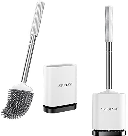 ASOBEAGE Silikon Toilettenbürste: Flexibler Kopf, Edelstahlgriff, Wandmontage, schnell trocknender Halter für die Reinigung des Badezimmers (Weiß, 2 Packungen)