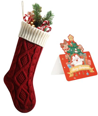 meioro Weihnachtsstrümpfe, 46cm Großes Kabel Gestrickte Weihnachtssocke, Farbe-Kontrast Weihnachten Strumpf Deko für Kamin Family Holiday Party Festival Dekorationen mit Grußkarte (Burgund, 1 Pcs)