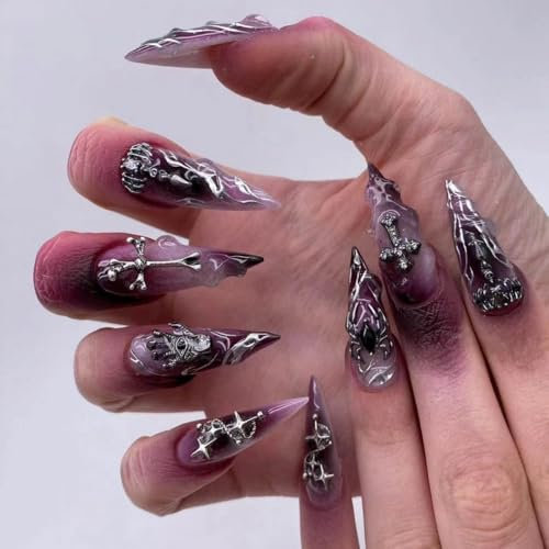 Clataly 24pcs Halloween clous français Violet Flamme Halo croix araignée 3D décoration faux ongles pour les femmes (B, 24)