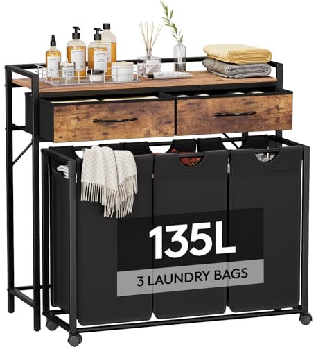 Lifewit 135L Wäschekorb 3 Fächer, Grobe Rolling Wäschesammler mit Regal & 2 Schubladen,WäSchekorb Veranstalter Mit RäDern und Abnehmbare Tasche für WaschküChe Bad,Braun-Rustikal & Schwarz