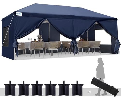 Quictent Faltpavillon 3x6m mit 6 Seitenteilen, Gartenpavillon mit Doppeln Entlüftung, Wasserdicht Stabil Pavillon Partyzelt mit 4 Sandsäcke & Rollentasche Blau