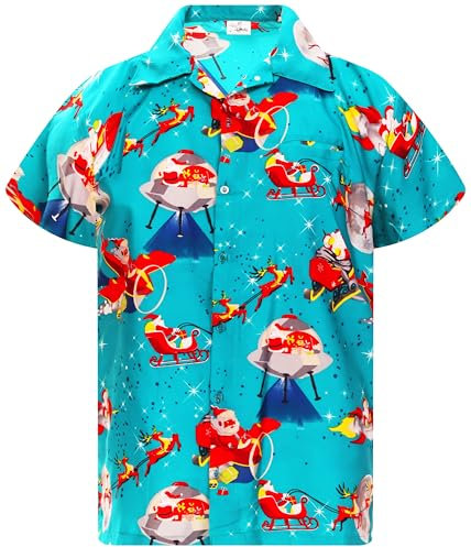 King Kameha Funky-Hawaii-Hemd, Weihnachten, Herren, Kurzarm, Chistmas-Space-Santa, Türkis, 6XL
