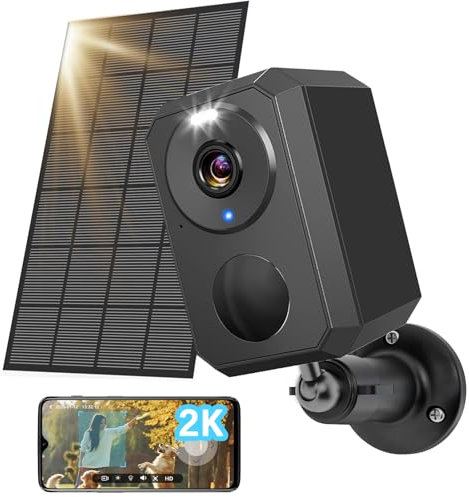 2K Solare Telecamera Wi-Fi Esterno Senza Fili, Videocamera Sorveglianza WiFi Interno Batteria con Allarme, Rilevamento Movimento PIR, Visione Notturna a Colori, 2 Vie Audio
