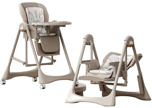 Reenborn PU-Leder Kinderhochstuhl, Schaukel & Babyfütterungs Doppelmodus, Zusammenklappbar und Umbaubar Kleinkinderhochstuhl mit Einstellmöglichkeiten, Abnehmbarem Doppeltablett, Rädern (8121 Khaki)