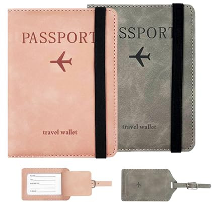 DLNXRUIS 2 Pezzi Porta Passaporto E Etichetta Valigia Aereo,Blocco RFID Custodia Passaporto,Pelle Pu Porta Passaporto Da Viaggio Protezioni Per Carte Di Credito, Portacarte (Rosa + Grigio, 15 * 11cm)