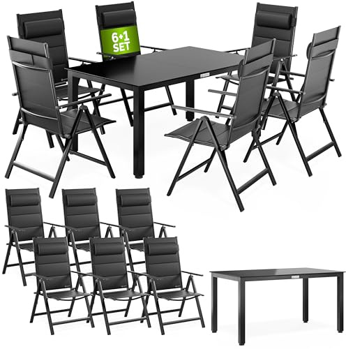 CASARIA® Bern 7 Piece Aluminium Garden furniture Set | 6 Adjustable High Back Reclining Foldable Chairs With Head Cushions | Table 1500x90cm Weatherproof Outdoor Patio Seating Group | Anthracite