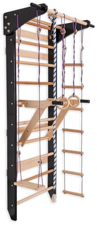 Sprossenwand aus Holz mit Klimmzugstange & Dip Station - 6in1 Wall Bars Home Gym Fitnessgerät mit Turnringen, Kletterseil & Strickleiter - Calisthenics Krafttraining Zuhause - Belastbar bis 150 kg