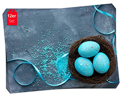 Tischset, Platzset - Osternest in blau - 12 Stück Made in Germany, 44x32cm aus speziellem Naturpapier in Aufbewahrungsmappe – die besondere Tischdeko für Frühling, Ostern & Blumen