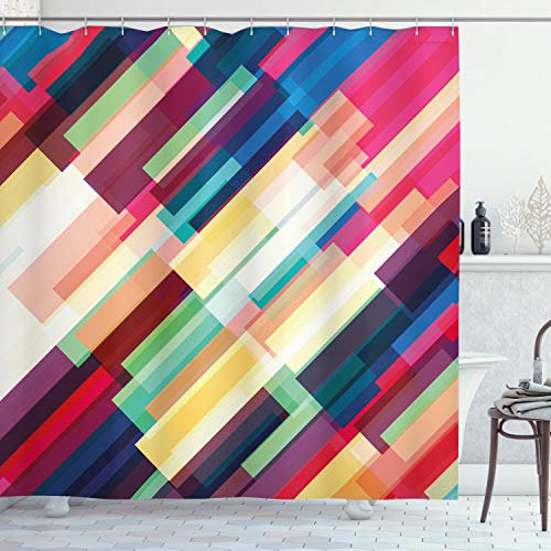 ABAKUHAUS Abstrait Rideau de Douche, Lignes géométriques de Couleur, Tissu Ensemble de Décor de Salle de Bain avec Crochets, 175 x 200 cm, Rose Multicolore