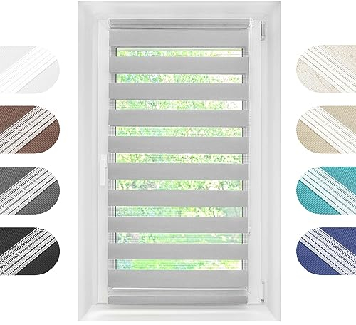 Birrke Doppelrollo Ohne Bohren/Mit Bohren 2in1 60 x 150 cm - Tag und Nacht Duo Rollo für Sonnenschutz und Sichtschutz - Doppel Rollo - Einfache Montage Grau
