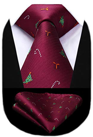HISDERN Weinrot Weihnachts Krawatte für Herren Bäume Geschenke Muster Xmas Party Festlich Krawatten & Einstecktuch Set Mode