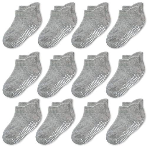 CozyWay Non-Slip Socks Baby Socks Toddler Socks with Grippers - Ankle Style for Little Girls and Boys, Infants, Toddlers, Children -Safe and Comfy - Solid Gray, 12 Pairs, 3-5 Years