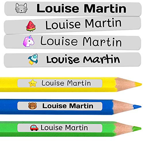 50 personalisierte Klebeetiketten für Bleistifte und Kugelschreiber. Schulaufkleber mit Namen zum Markieren von Gegenständen. Wasserfeste Aufkleber für Schule und Kindergarten Maße 4,6 x 0,6 cm