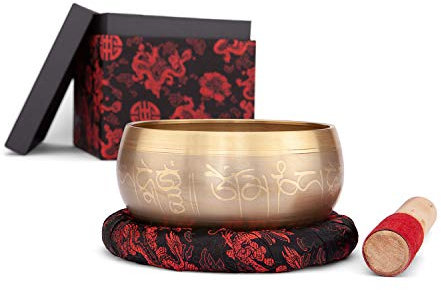 Bodhi Indische Klangschale Ø 14 cm | Klangschalen Set inkl. Kissen, Klöppel & Geschenkbox | Singing Bowl mit Tara Verzierung | Ideales spirituelles Geschenk | Meditationszubehör aus Messing