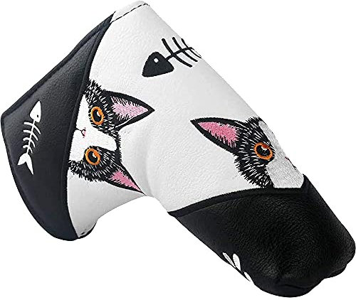 PINMEI Golf Blade Putter Cover Golf Putter Headcover Synthetic Leather Closure for Scotty Cameron Odyssey Blade Taylormade Ping (White and Black cat)