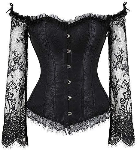 Grebrafan Women's Off Shoulder Lace Corset with Long Sleeves (UK(18-20) 4XL, Black)