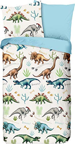 Good Morning! Biber Wendebettwäsche Dinosaurier blau Größe 135x200 cm (80x80 cm)
