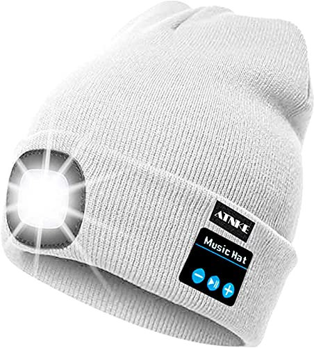 ATNKE LED beleuchtete Bluetooth-Beanie-Kappe, wiederaufladbare USB-Musikalische Laufmütze mit extrem hellem 4-LED-Licht wasserdichte Lampe für das Skifahren Wandern Camping/White