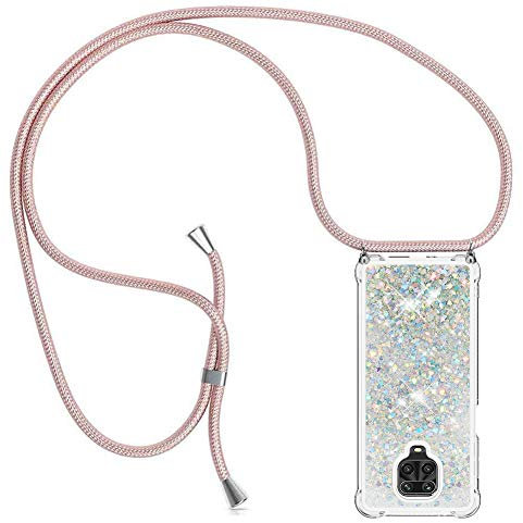 YuhooTech Handykette Hülle Kompatibel mit Xiaomi Redmi Note 9 Pro - Quicksand Glitzer Hülle mit Band - Silikon Handyhülle mit Kordel Umhängenband - Schnur mit Treibsand Case zum Umhängen