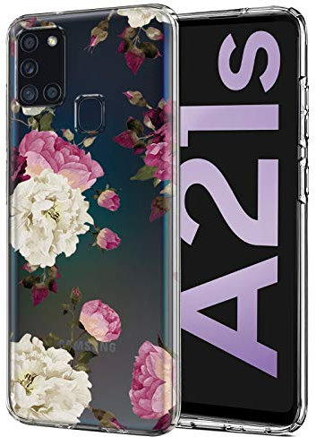 Verco Handyhülle für Samsung A21s Case, Premium Muster Handy Cover für Samsung Galaxy A21s Hülle weiches Flexibles TPU Case, Rose Weiss pink