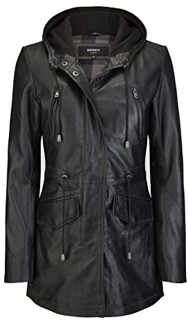 TruClothing Womens Real Leather Parker Coat 3/4 Hooded Safari Duffle Jacket Black Soft - Black L