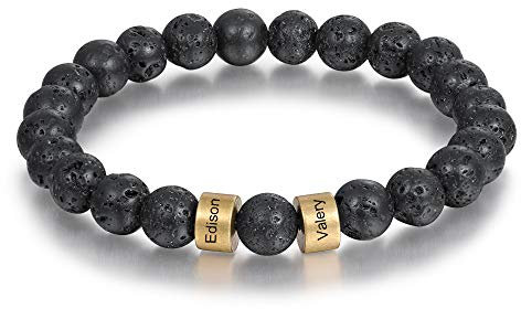 Glooraca Personalized Name Beaded Bracelets for Men Womens 8mm Natural Gemstone Bracelet Mala Beads Agate Elastic Bracelets