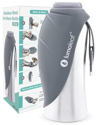 LumoLeaf Hundetrinkflasche für unterwegs, 800ml Edelstahl Trinkflasche Hund, Tragbare Haustier Wasserflasche, Hunde Wasserspender Reise Zubehör für Wandern und Campen (Grau)